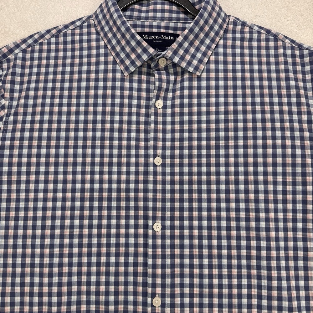 Mizzen + Main Leaward Shirt Men XL Tall Blue Trim Gingham L/S Performance